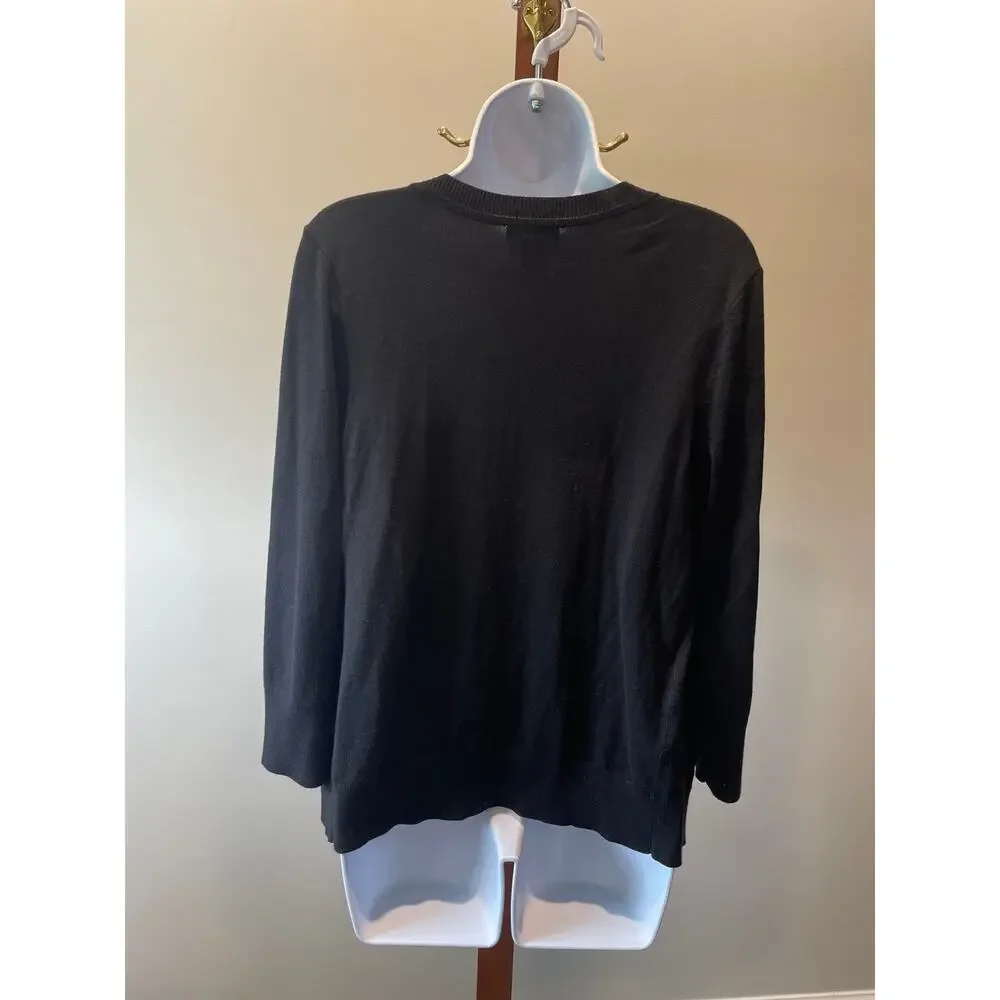 Halogen Black Knit Cardigan Size M Crew Neck Button Front Lightweight
